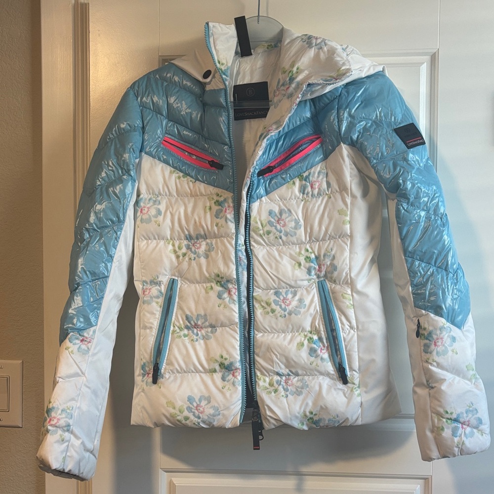 LoveShack Fancy Floral Blue and White Ski Jacket